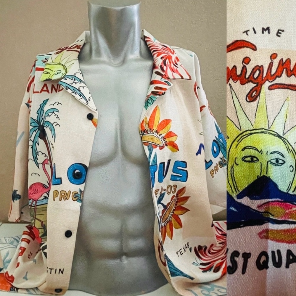 MALIBU NWT Retro MIAMI Linen Look POSTCARD Print RESORT SHIRT Size MEDIUM
